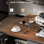 JVNOXK-54.5-inch Îlot de cuisine style ferme avec prise électrique, étagères de rangement intégrées et chariot de cuisine noir à roulettes