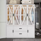 Famapy Farmhouse-Style White 4-Door Wardrobe with LED Lighting & Drawer Storage Armoire