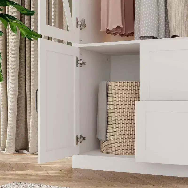 Armoire de chambre Famapy de style ferme, blanche, à 4 portes, avec éclairage LED et tiroirs de rangement