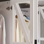 Armoire de chambre Famapy de style ferme, blanche, à 4 portes, avec éclairage LED et tiroirs de rangement