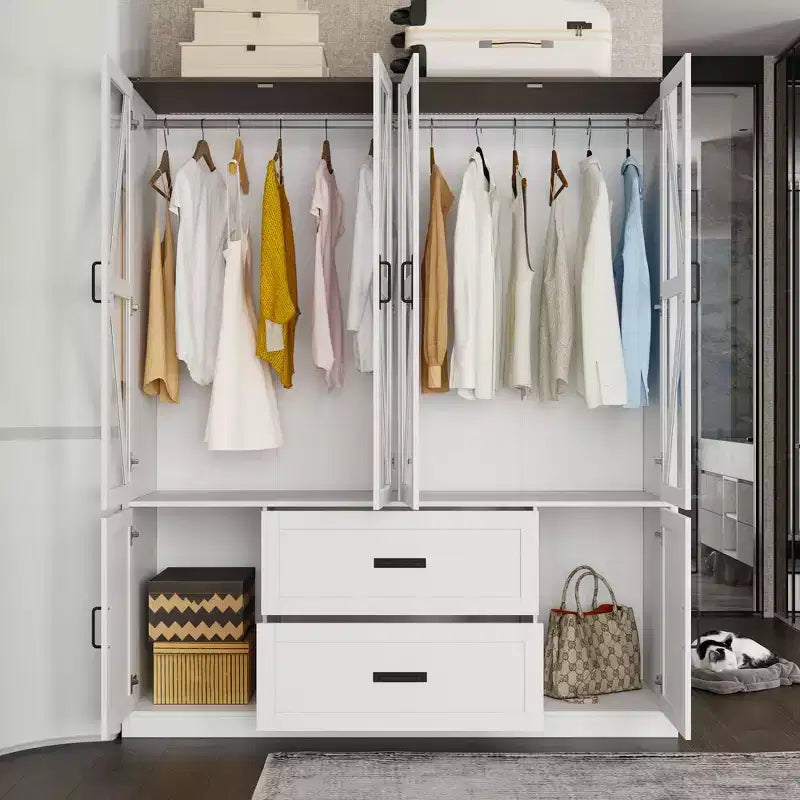 Armoire de chambre Famapy de style ferme, blanche, à 4 portes, avec éclairage LED et tiroirs de rangement