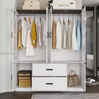 Armoire de chambre Famapy de style ferme, blanche, à 4 portes, avec éclairage LED et tiroirs de rangement