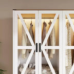 Armoire de chambre Famapy de style ferme, blanche, à 4 portes, avec éclairage LED et tiroirs de rangement