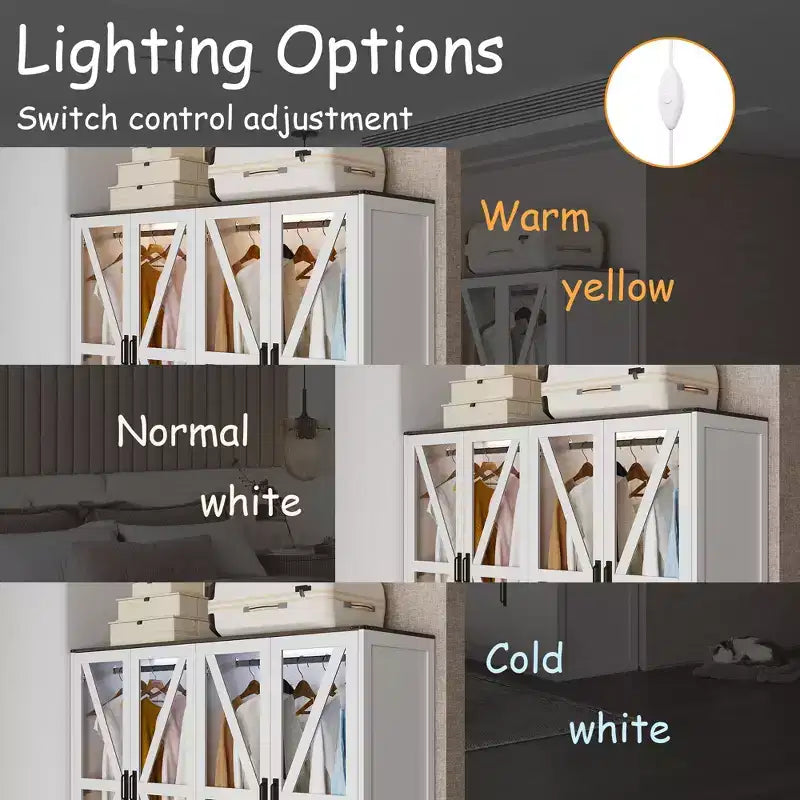 Armoire de chambre Famapy de style ferme, blanche, à 4 portes, avec éclairage LED et tiroirs de rangement