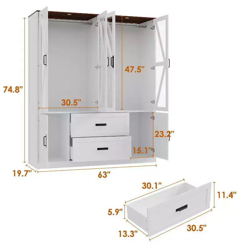 Armoire de chambre Famapy de style ferme, blanche, à 4 portes, avec éclairage LED et tiroirs de rangement