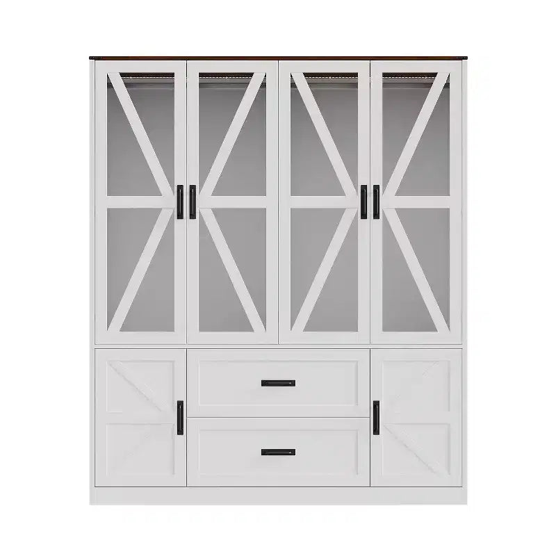 Armoire de chambre Famapy de style ferme, blanche, à 4 portes, avec éclairage LED et tiroirs de rangement