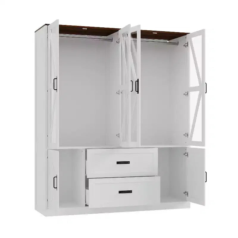 Armoire de chambre Famapy de style ferme, blanche, à 4 portes, avec éclairage LED et tiroirs de rangement