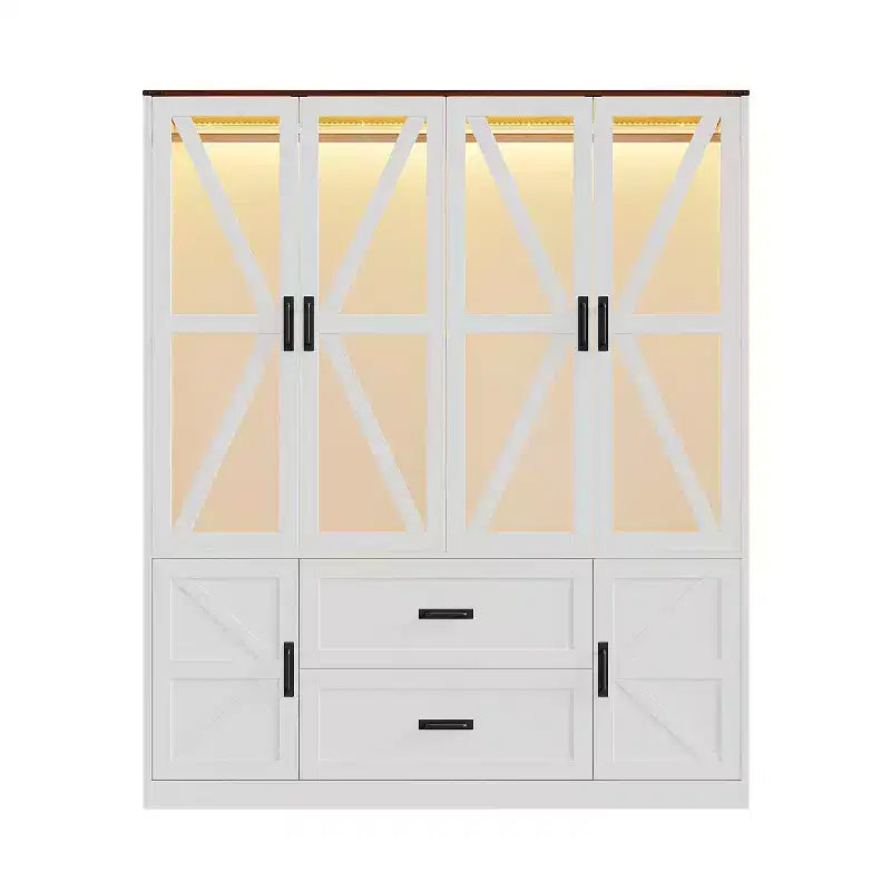 Armoire de chambre Famapy de style ferme, blanche, à 4 portes, avec éclairage LED et tiroirs de rangement