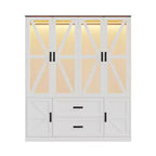 Armoire de chambre Famapy de style ferme, blanche, à 4 portes, avec éclairage LED et tiroirs de rangement