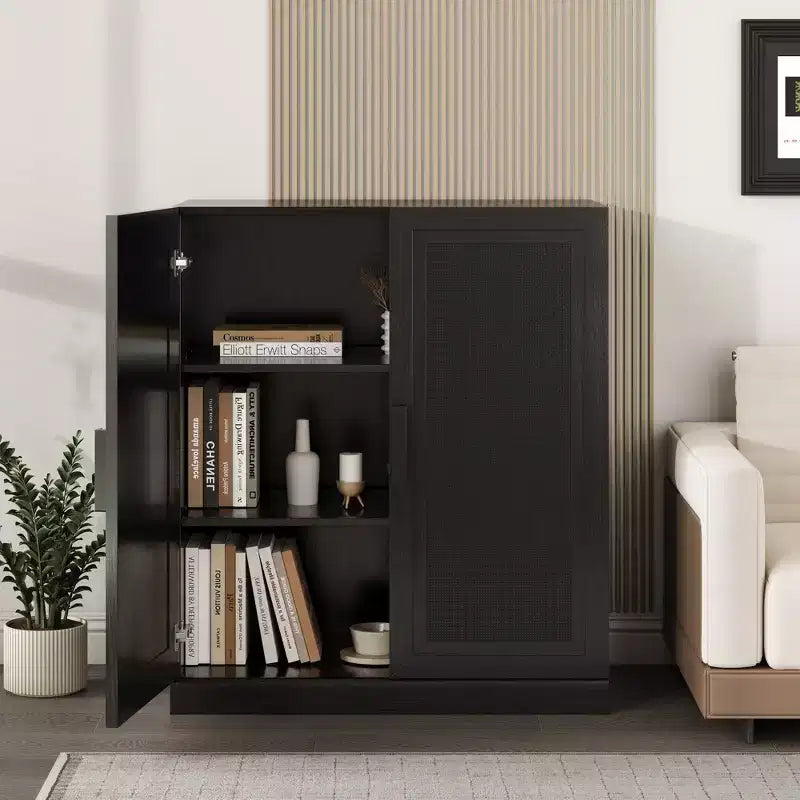 PexFix 36 Bahut modulable avec rangement, buffet de ferme moderne avec portes en rotin pour salon, cuisine, salle à manger, entrée Noir