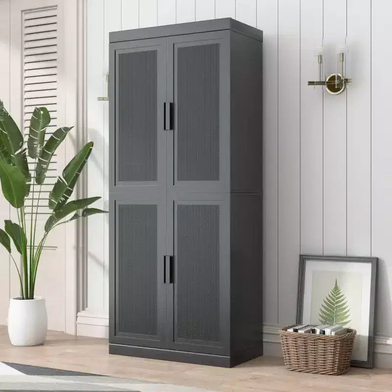 PexFix 36 Bahut modulable avec rangement, buffet de ferme moderne avec portes en rotin pour salon, cuisine, salle à manger, entrée Noir