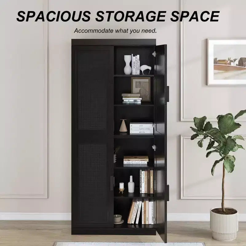 PexFix 36 Bahut modulable avec rangement, buffet de ferme moderne avec portes en rotin pour salon, cuisine, salle à manger, entrée Noir