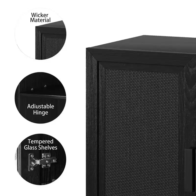 PexFix 36 Bahut modulable avec rangement, buffet de ferme moderne avec portes en rotin pour salon, cuisine, salle à manger, entrée Noir