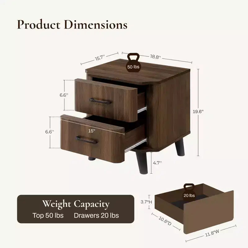 LuxenHome Table de Chevet Moderne du Milieu du Siècle, Table de Chevet en Noyer de 20 po avec Bord Courbé, Table de Chevet Marron Foncé avec Tiroirs