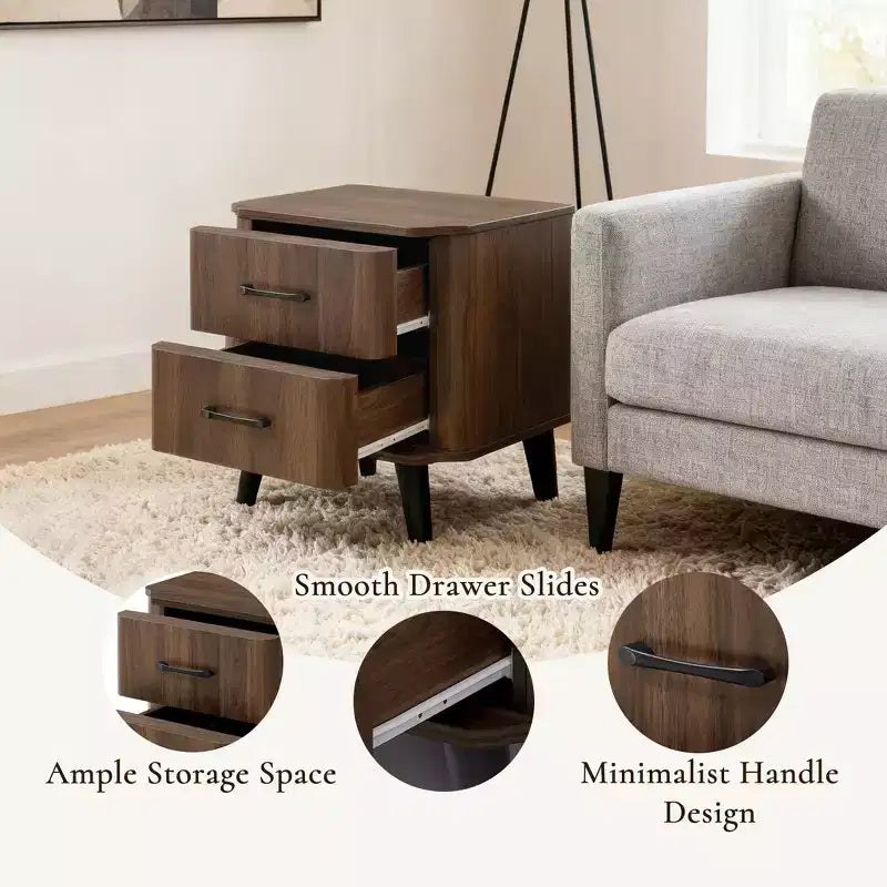 LuxenHome Table de Chevet Moderne du Milieu du Siècle, Table de Chevet en Noyer de 20 po avec Bord Courbé, Table de Chevet Marron Foncé avec Tiroirs