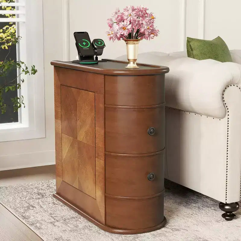 Table d'appoint avec station de recharge, Table d'appoint de canapé avec tiroirs, Table d'appoint de chevet, Aucun assemblage requis, Noyer - ModernLuxe
