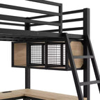 Lit mezzanine Whisen Twin en métal en forme de L avec étagères de rangement, 2 bureaux intégrés - Noir