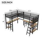 Lit mezzanine Whisen Twin en métal en forme de L avec étagères de rangement, 2 bureaux intégrés - Noir