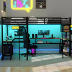 Lit mezzanine Whisen Twin en métal en forme de L avec étagères de rangement, 2 bureaux intégrés - Noir
