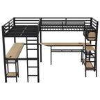 Lit mezzanine Whisen Twin en métal en forme de L avec étagères de rangement, 2 bureaux intégrés - Noir