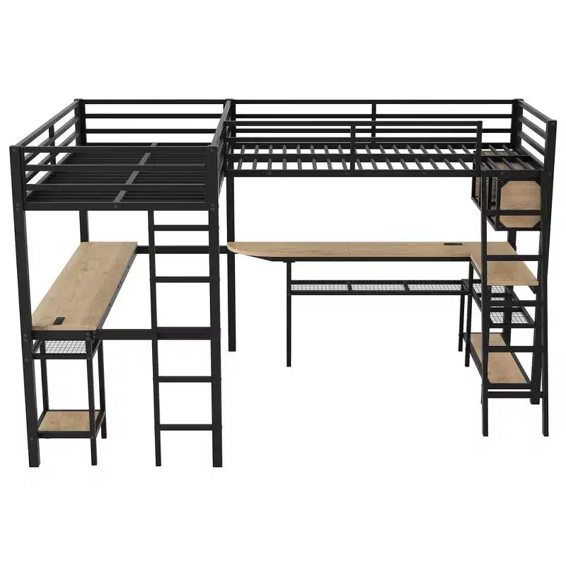 Lit mezzanine Whisen Twin en métal en forme de L avec étagères de rangement, 2 bureaux intégrés - Noir