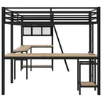 Lit mezzanine Whisen Twin en métal en forme de L avec étagères de rangement, 2 bureaux intégrés - Noir
