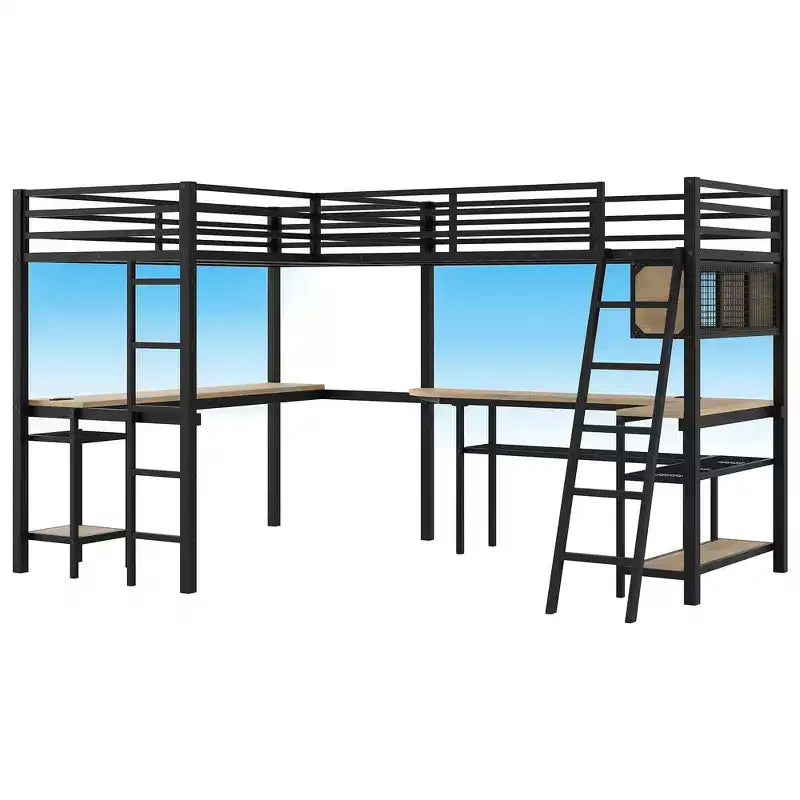 Lit mezzanine Whisen Twin en métal en forme de L avec étagères de rangement, 2 bureaux intégrés - Noir