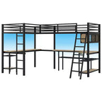 Lit mezzanine Whisen Twin en métal en forme de L avec étagères de rangement, 2 bureaux intégrés - Noir