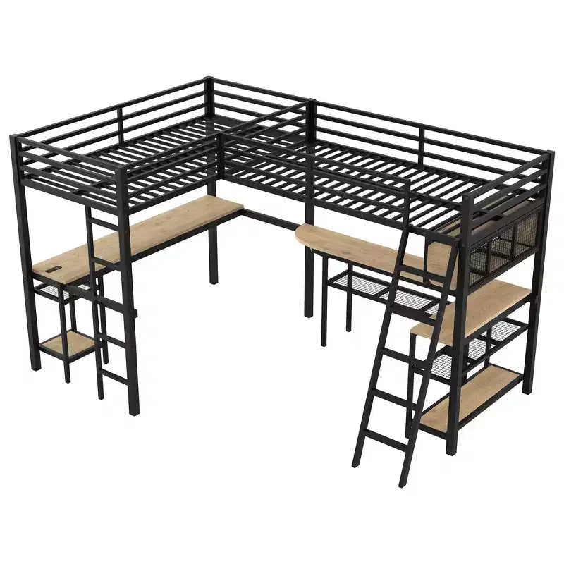 Lit mezzanine Whisen Twin en métal en forme de L avec étagères de rangement, 2 bureaux intégrés - Noir