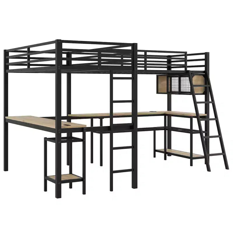 Lit mezzanine Whisen Twin en métal en forme de L avec étagères de rangement, 2 bureaux intégrés - Noir