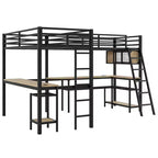 Lit mezzanine Whisen Twin en métal en forme de L avec étagères de rangement, 2 bureaux intégrés - Noir