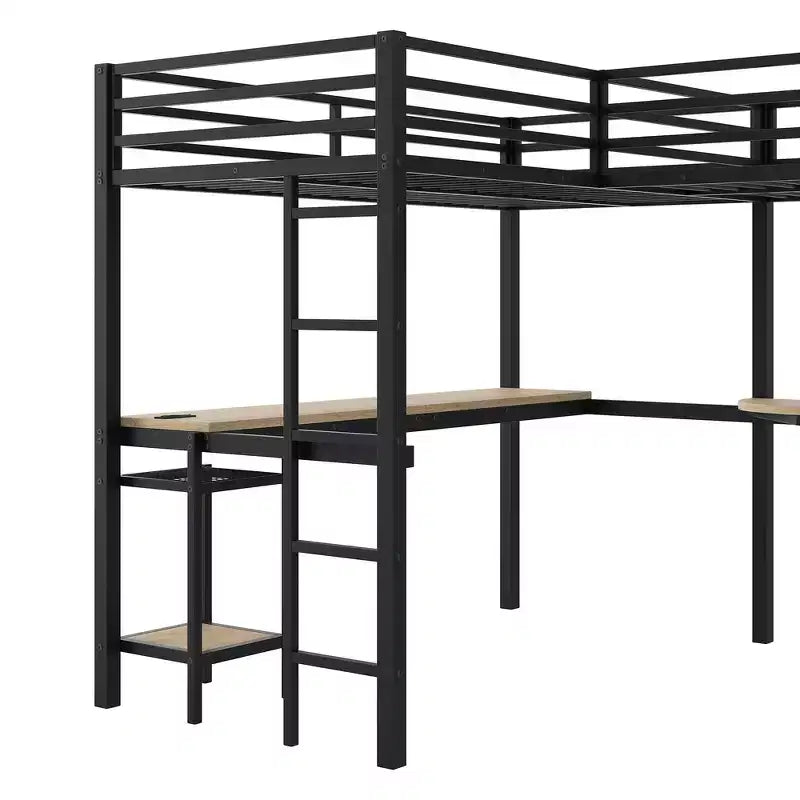 Lit mezzanine Whisen Twin en métal en forme de L avec étagères de rangement, 2 bureaux intégrés - Noir