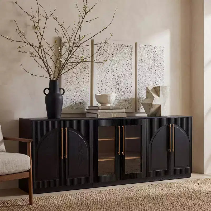 Morden Fort Buffet Bas Blanc 2 Portes, Meuble de Rangement Modulable, Console avec Portes Arquées Symétriques pour Salle à Manger, Salon