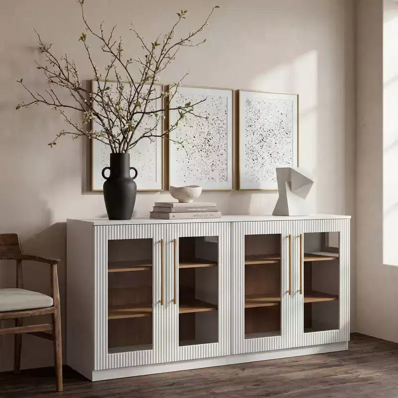 Morden Fort Buffet Bas Blanc 2 Portes, Meuble de Rangement Modulable, Console avec Portes Arquées Symétriques pour Salle à Manger, Salon