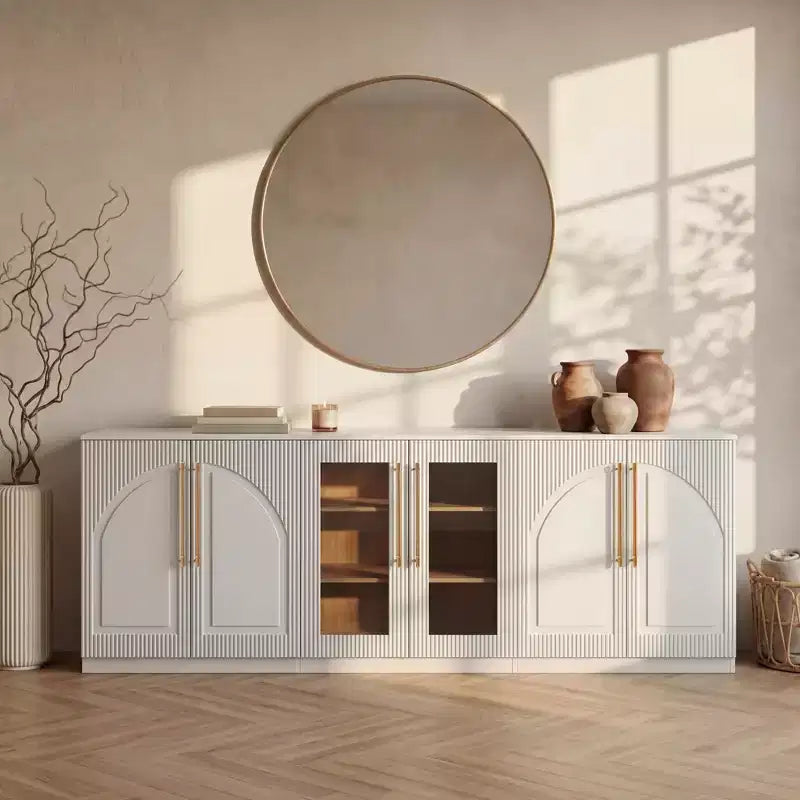 Morden Fort Buffet Bas Blanc 2 Portes, Meuble de Rangement Modulable, Console avec Portes Arquées Symétriques pour Salle à Manger, Salon