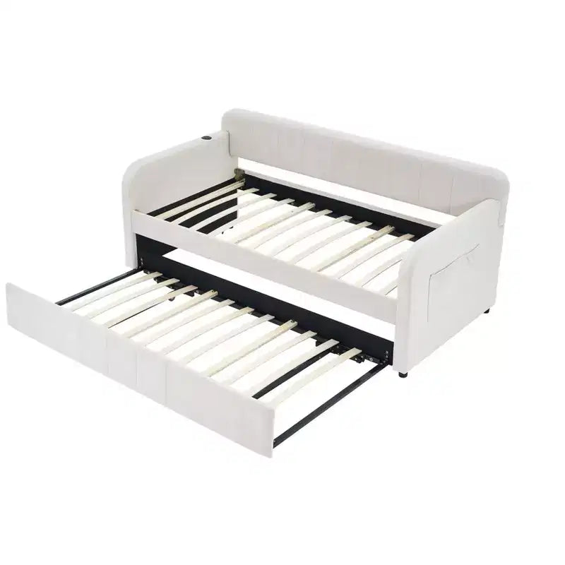 Lit de repos simple avec lit gigogne, canapé-lit en velours avec ports USB et poches latérales pour salon, chambre, chambre d'amis - ModernLuxe