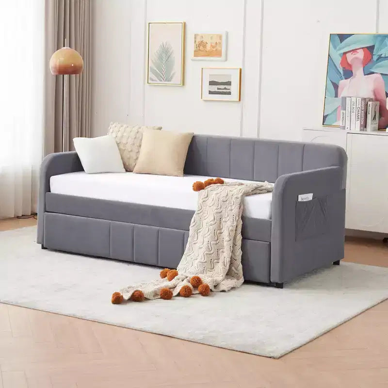 Lit de repos simple avec lit gigogne, canapé-lit en velours avec ports USB et poches latérales pour salon, chambre, chambre d'amis - ModernLuxe