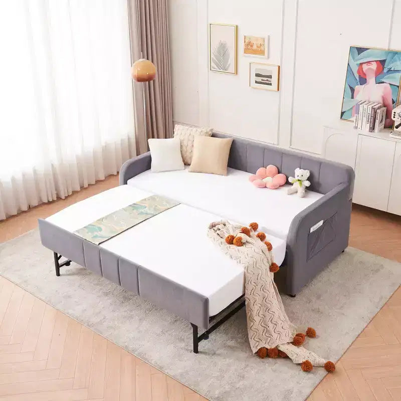 Lit de repos simple avec lit gigogne, canapé-lit en velours avec ports USB et poches latérales pour salon, chambre, chambre d'amis - ModernLuxe