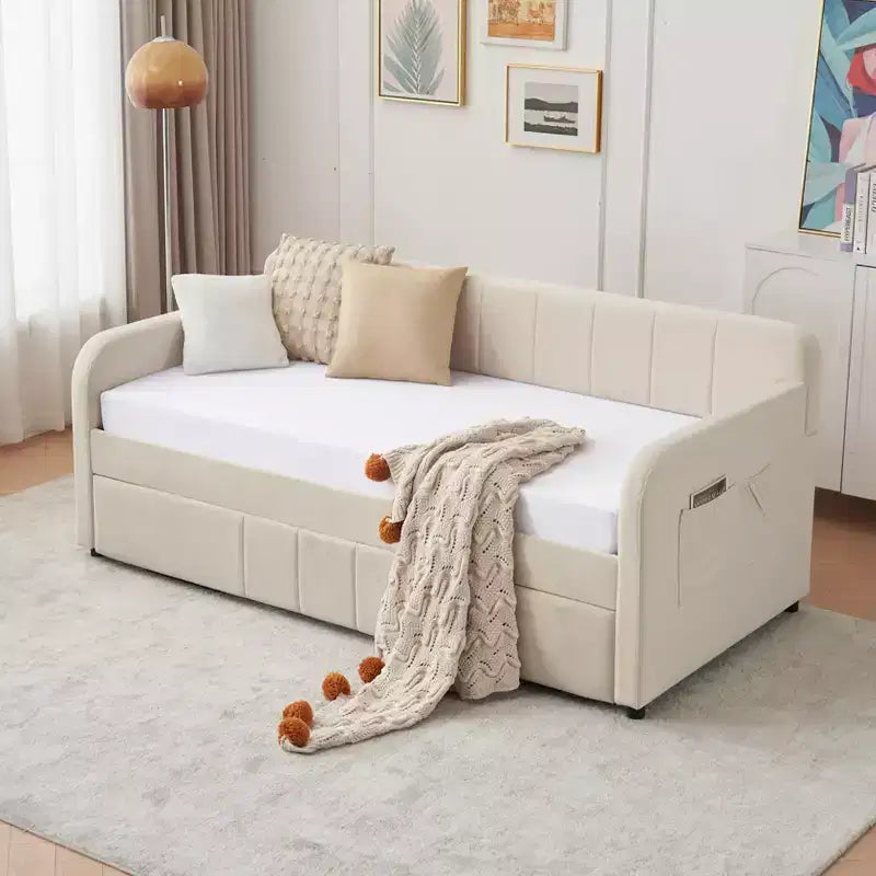 Lit de repos simple avec lit gigogne, canapé-lit en velours avec ports USB et poches latérales pour salon, chambre, chambre d'amis - ModernLuxe