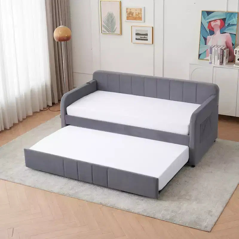 Lit de repos simple avec lit gigogne, canapé-lit en velours avec ports USB et poches latérales pour salon, chambre, chambre d'amis - ModernLuxe