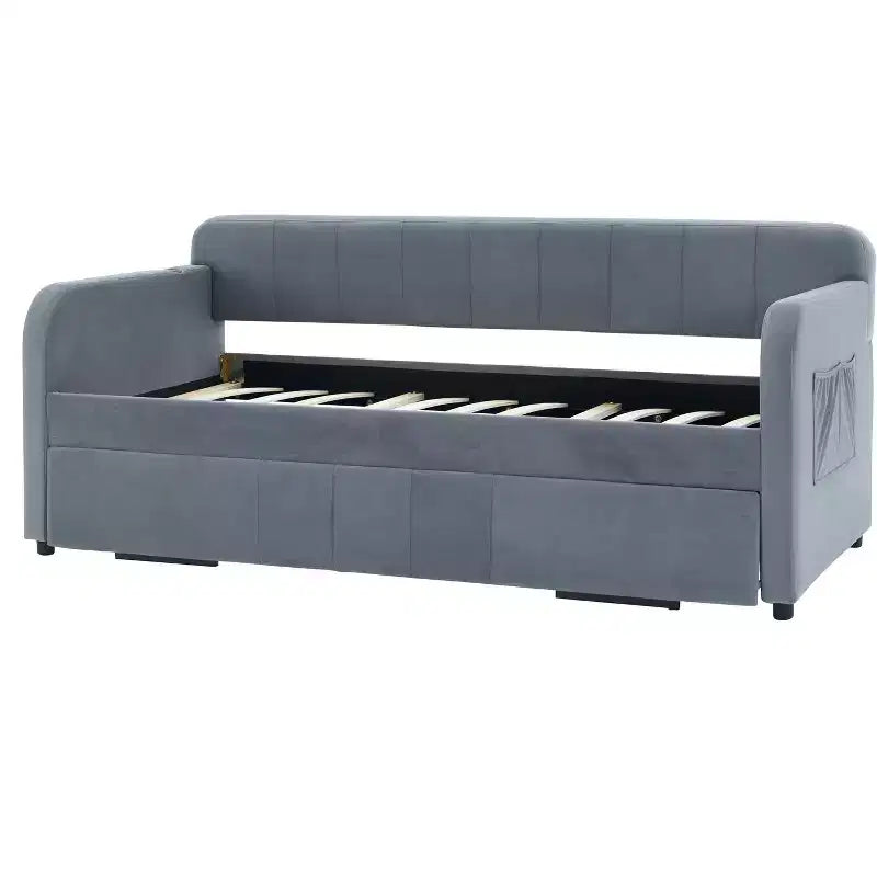 Lit de repos simple avec lit gigogne, canapé-lit en velours avec ports USB et poches latérales pour salon, chambre, chambre d'amis - ModernLuxe