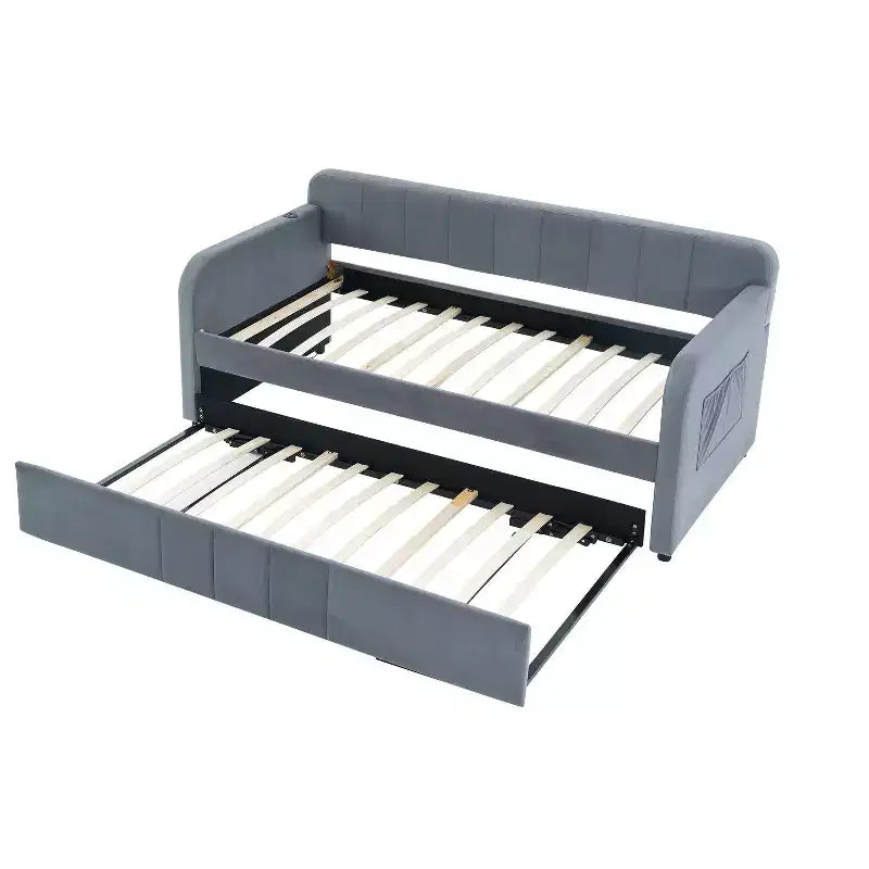 Lit de repos simple avec lit gigogne, canapé-lit en velours avec ports USB et poches latérales pour salon, chambre, chambre d'amis - ModernLuxe