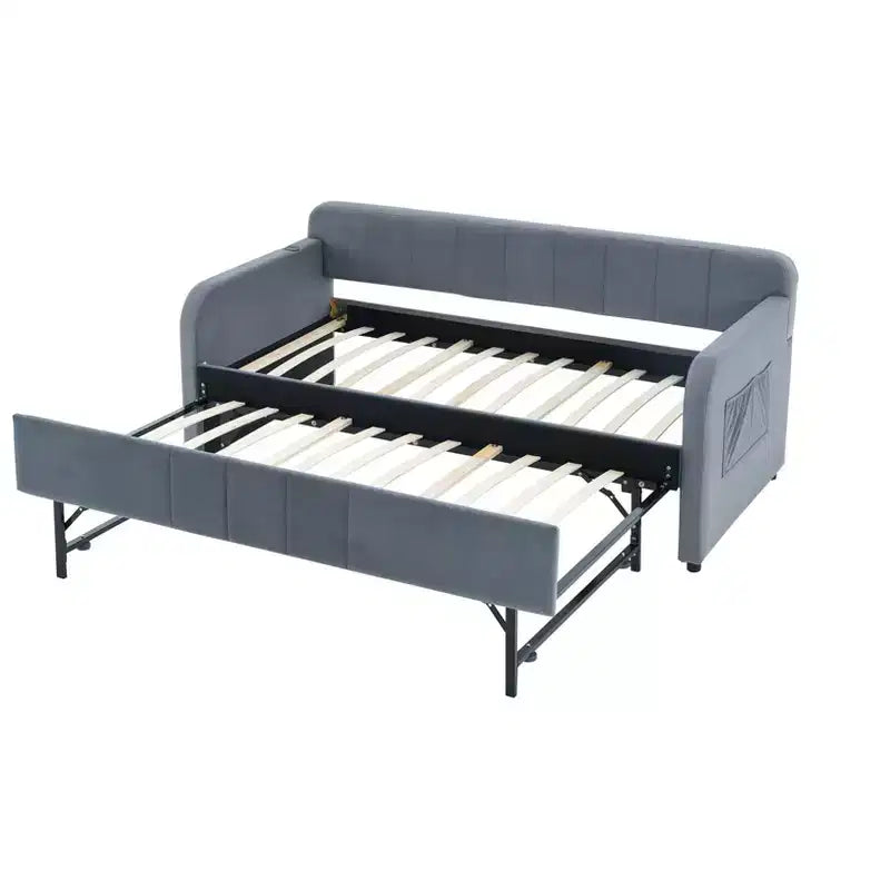 Lit de repos simple avec lit gigogne, canapé-lit en velours avec ports USB et poches latérales pour salon, chambre, chambre d'amis - ModernLuxe