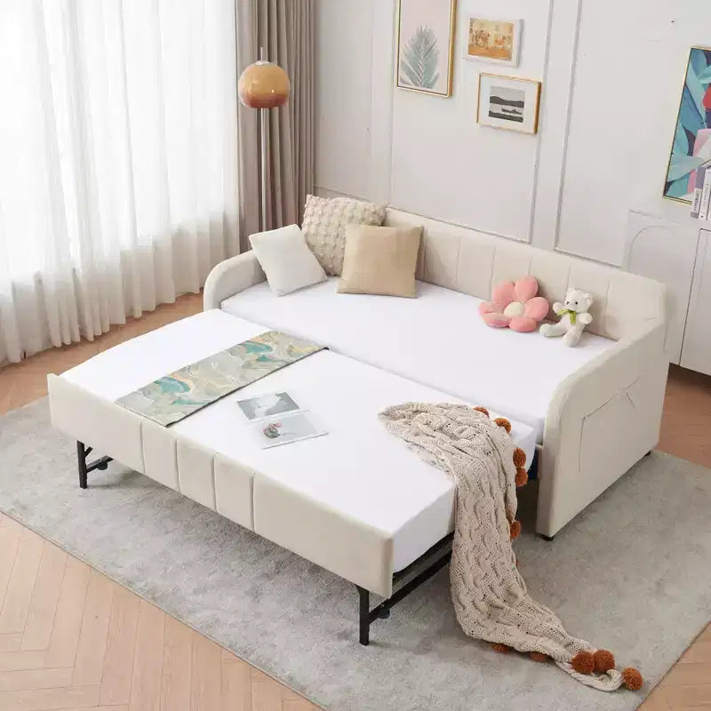 Lit de repos simple avec lit gigogne, canapé-lit en velours avec ports USB et poches latérales pour salon, chambre, chambre d'amis - ModernLuxe