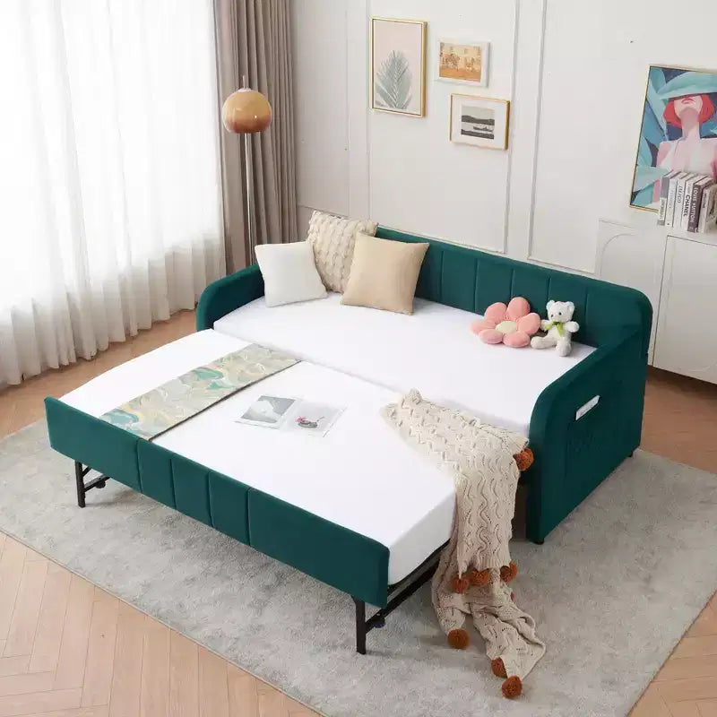 Lit de repos simple avec lit gigogne, canapé-lit en velours avec ports USB et poches latérales pour salon, chambre, chambre d'amis - ModernLuxe