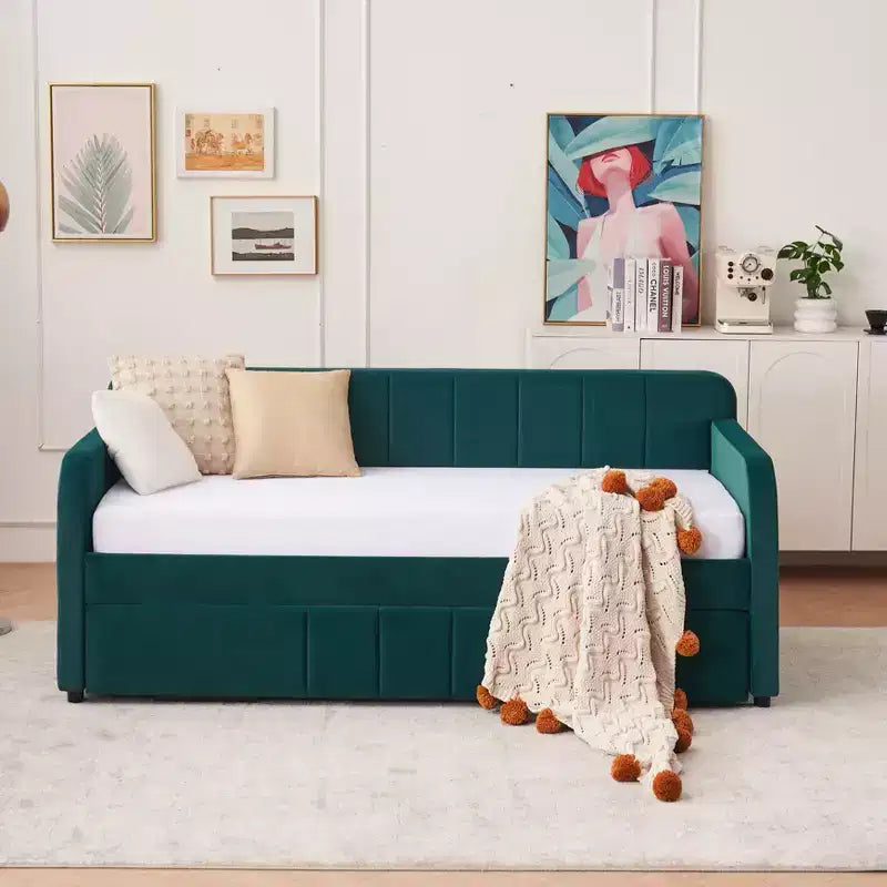 Lit de repos simple avec lit gigogne, canapé-lit en velours avec ports USB et poches latérales pour salon, chambre, chambre d'amis - ModernLuxe