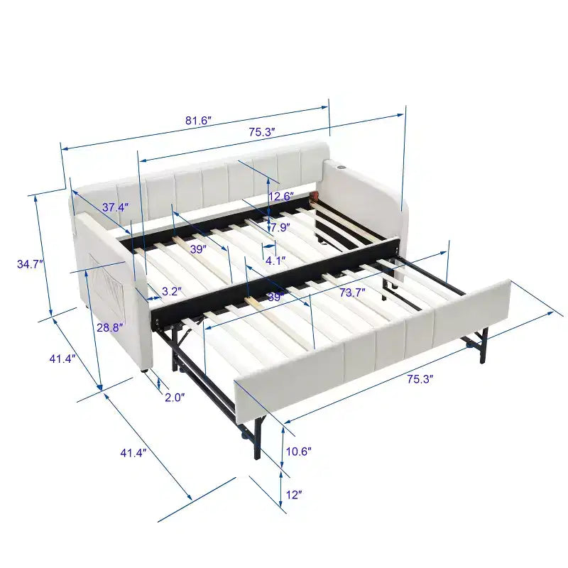 Lit de repos simple avec lit gigogne, canapé-lit en velours avec ports USB et poches latérales pour salon, chambre, chambre d'amis - ModernLuxe