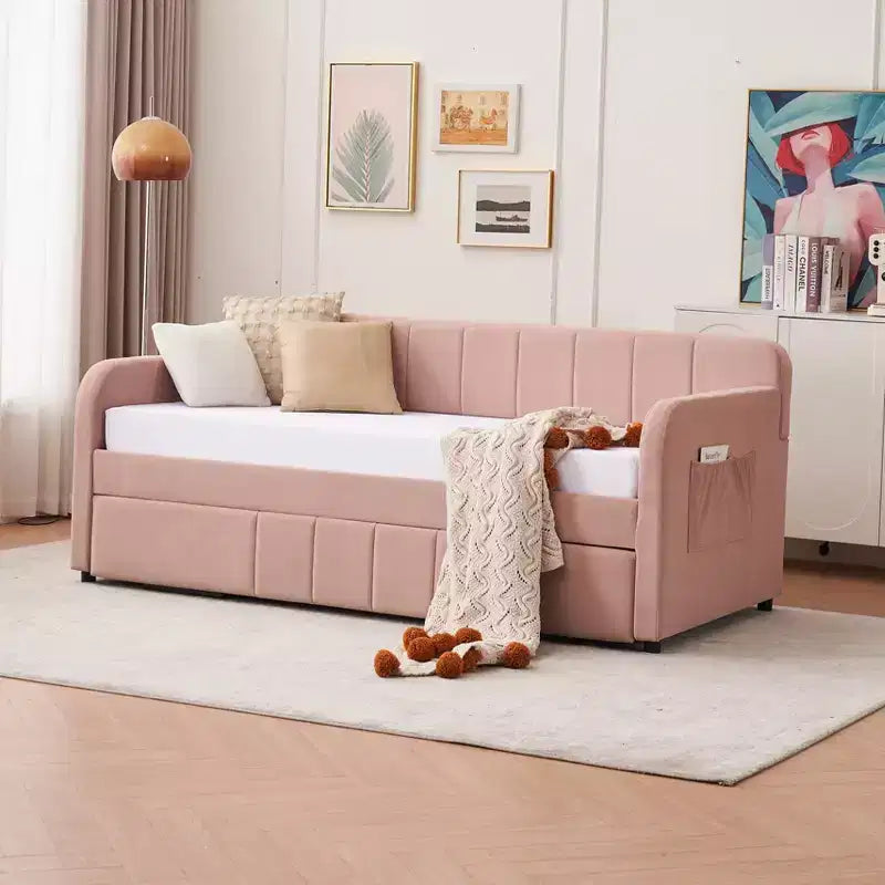Lit de repos simple avec lit gigogne, canapé-lit en velours avec ports USB et poches latérales pour salon, chambre, chambre d'amis - ModernLuxe