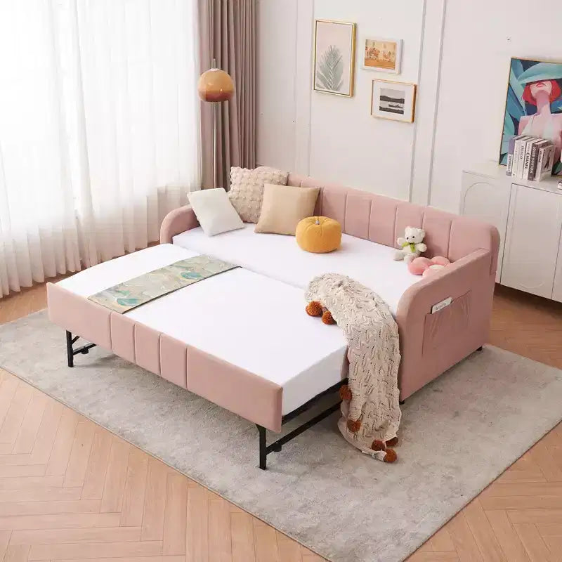 Lit de repos simple avec lit gigogne, canapé-lit en velours avec ports USB et poches latérales pour salon, chambre, chambre d'amis - ModernLuxe