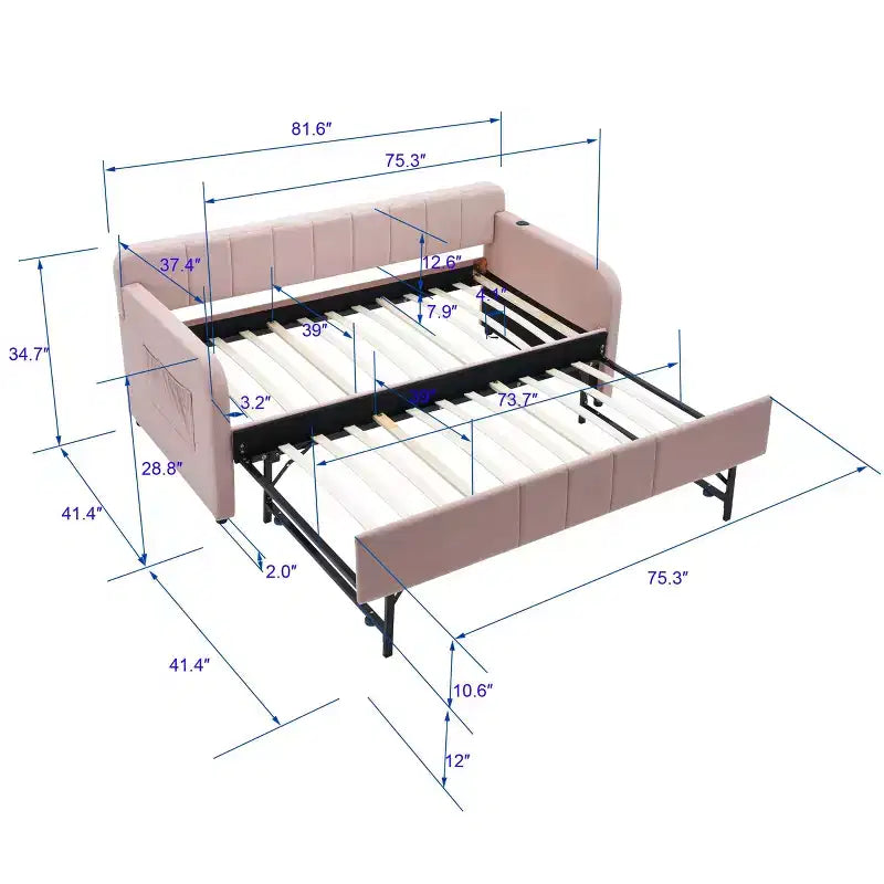 Lit de repos simple avec lit gigogne, canapé-lit en velours avec ports USB et poches latérales pour salon, chambre, chambre d'amis - ModernLuxe